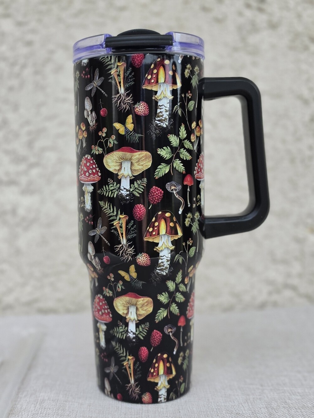 Black Mushroom Pattern Insulated Travel Mug with Handle NEW